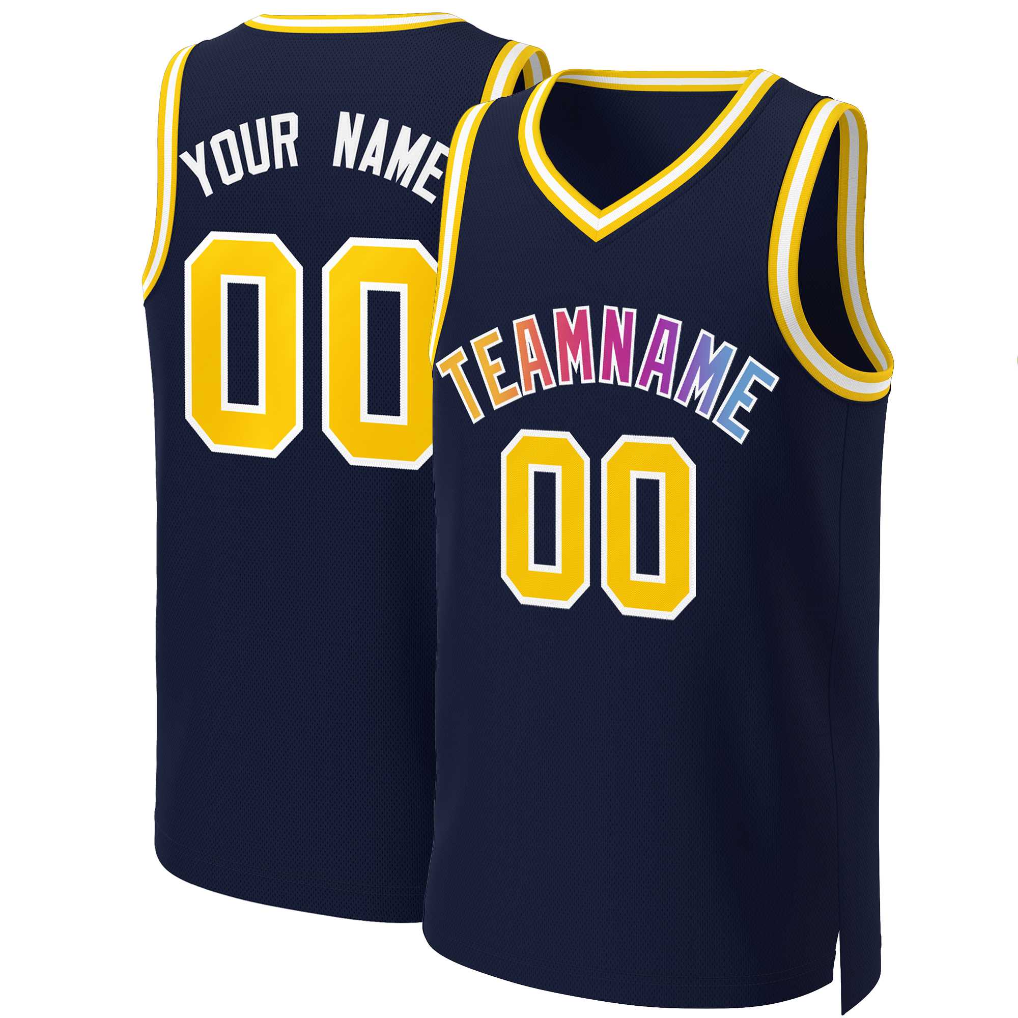 Maillot de basket-ball personnalisé bleu marine jaune-blanc classique dégradé de mode