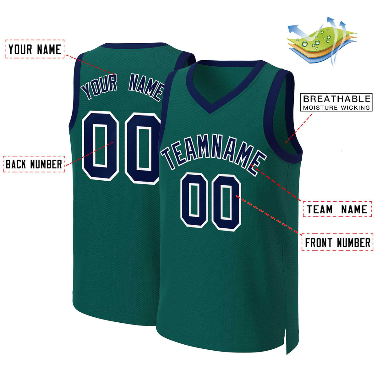 Maillot de basket-ball classique personnalisé Aqua bleu marine et blanc