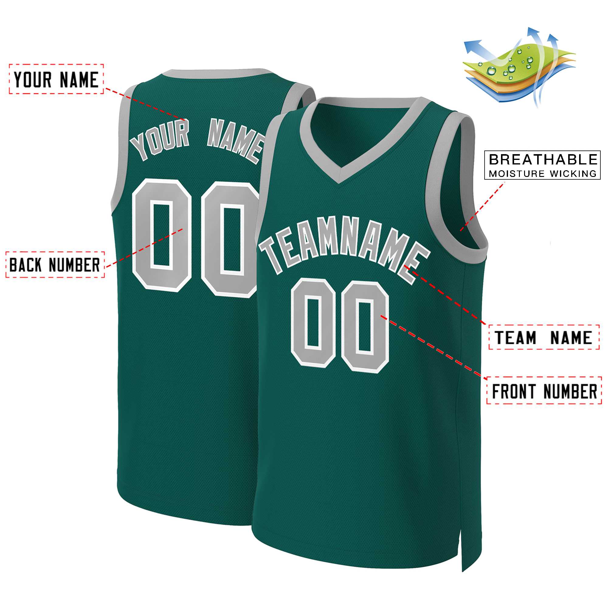 Maillot de basket-ball classique personnalisé Aqua gris-blanc
