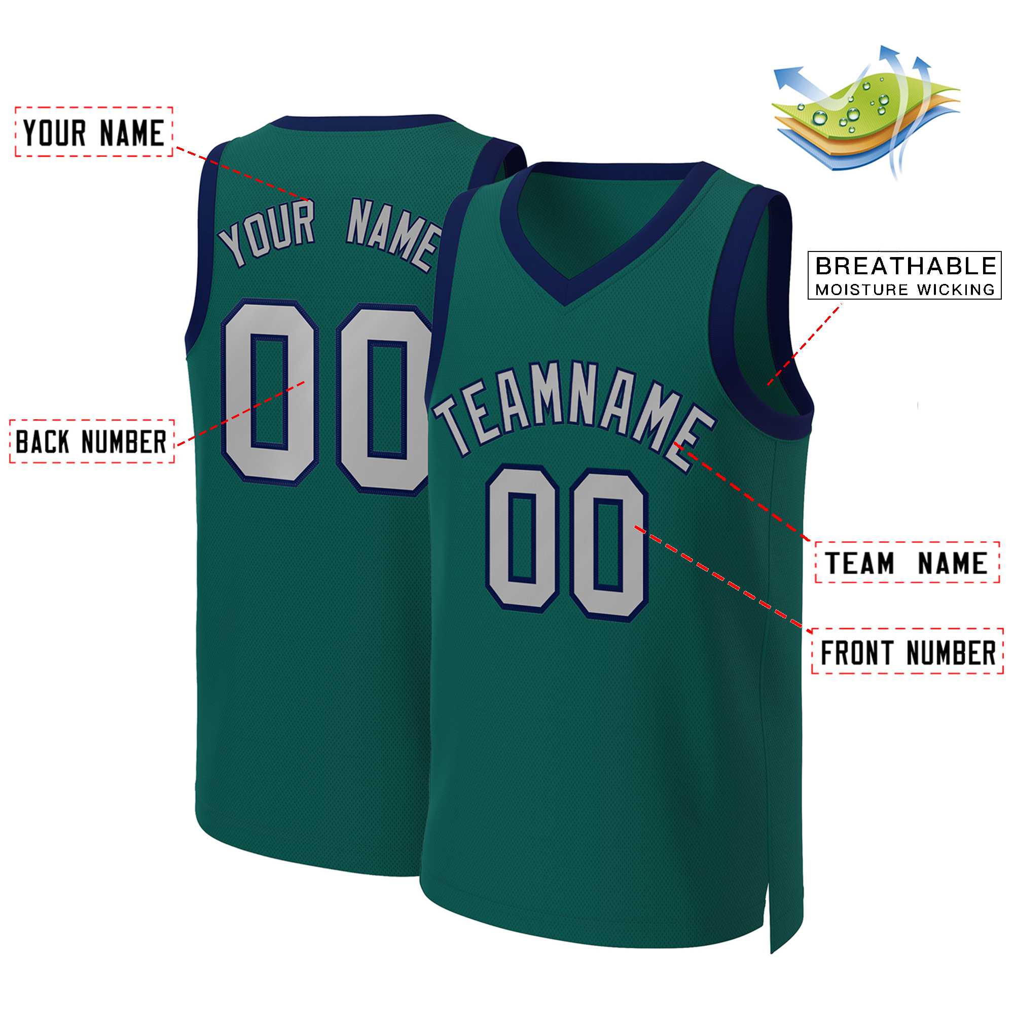 Benutzerdefinierte Aqua Grau-Navy Classic Tops Basketball Jersey