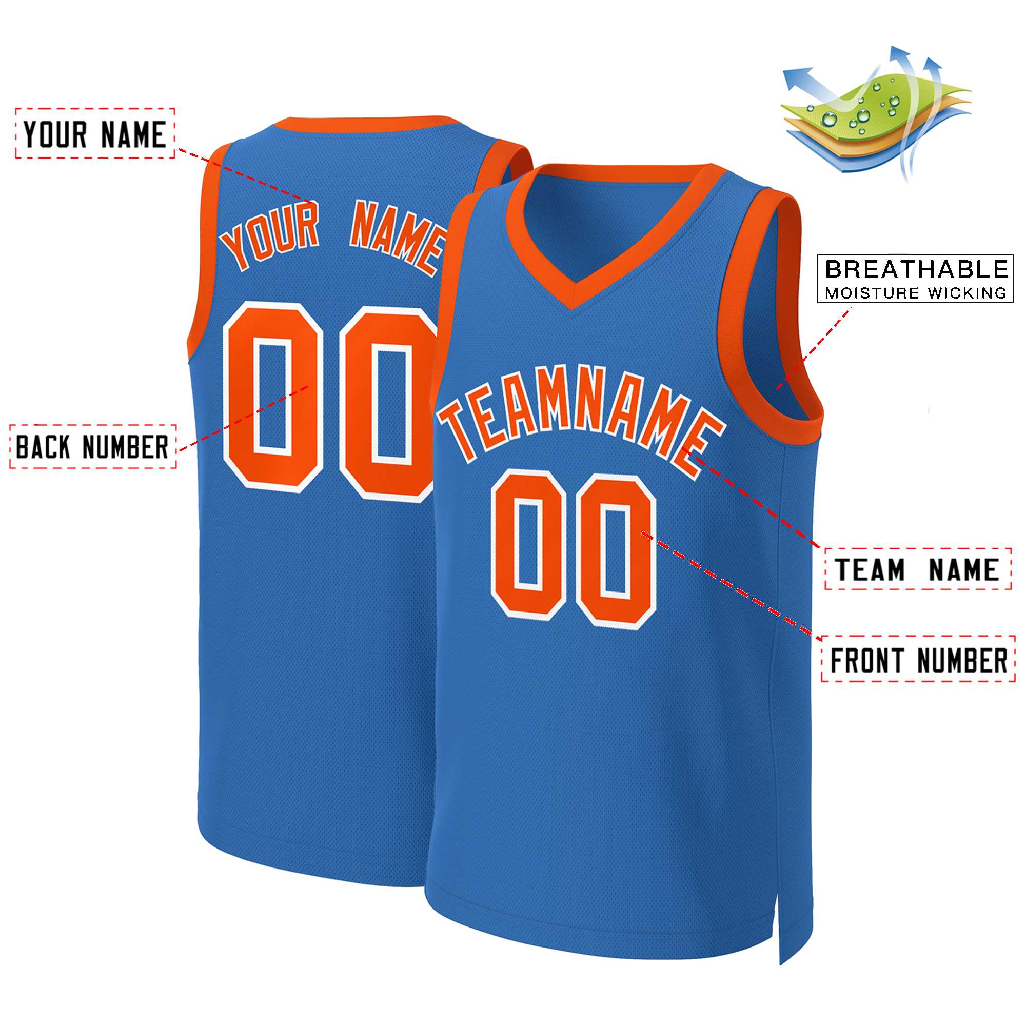 Maillot de basket-ball classique bleu orange et blanc personnalisé