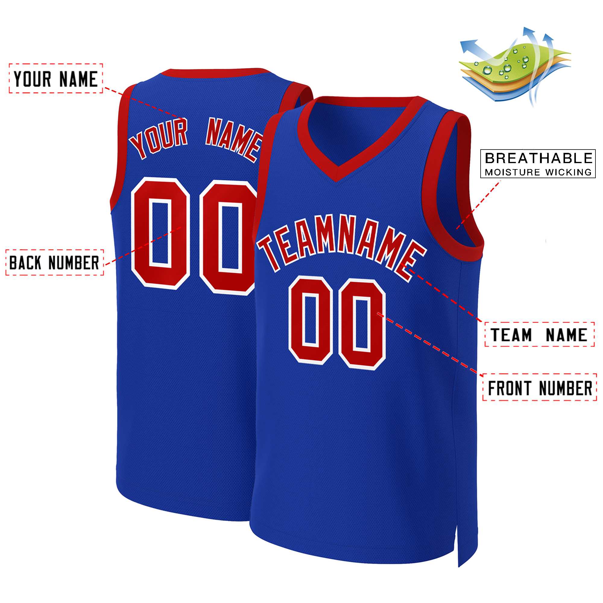 Benutzerdefinierte Royal Rot-Weiß Classic Tops Basketballtrikot