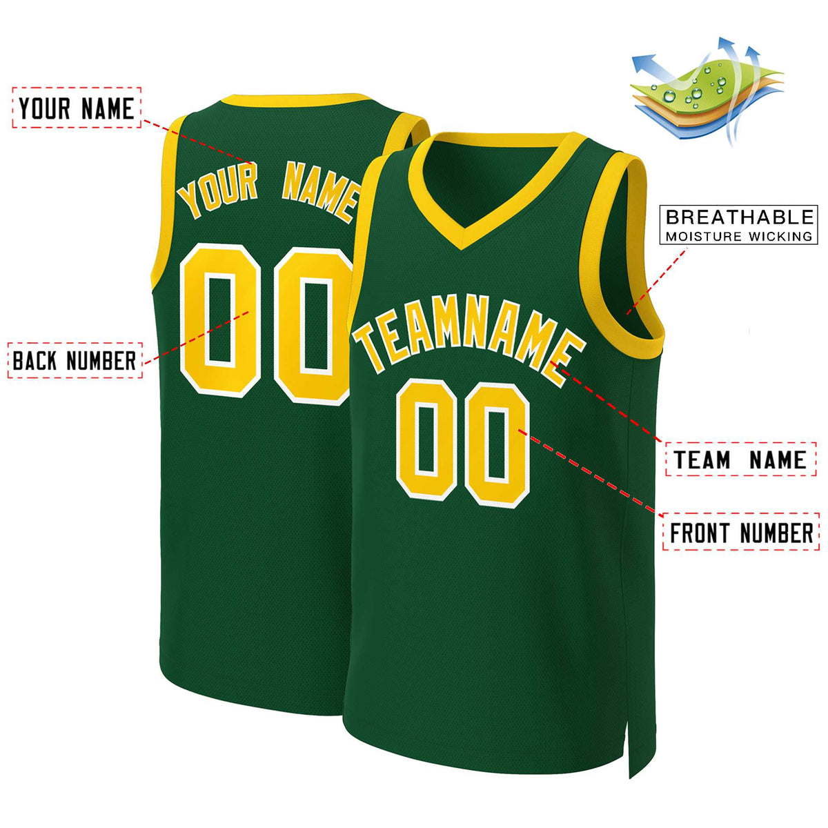 Maillot de basket-ball classique personnalisé vert, or et blanc