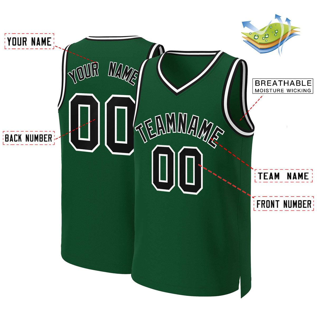Maillot de basket-ball classique personnalisé vert noir et blanc