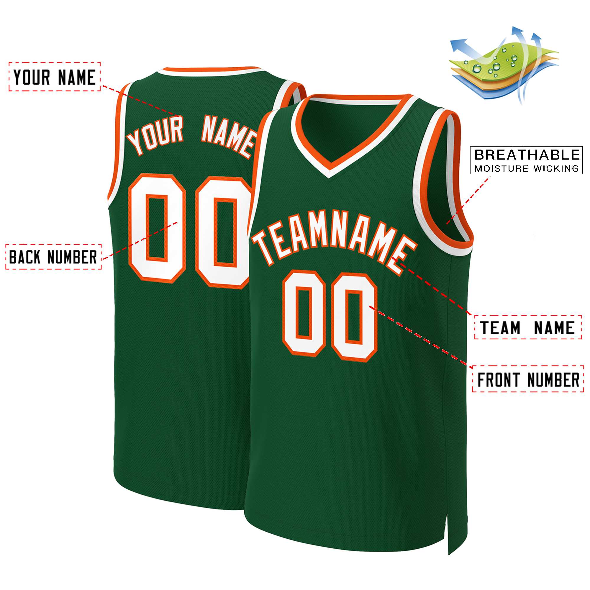 Maillot de basket-ball classique personnalisé vert, blanc et orange