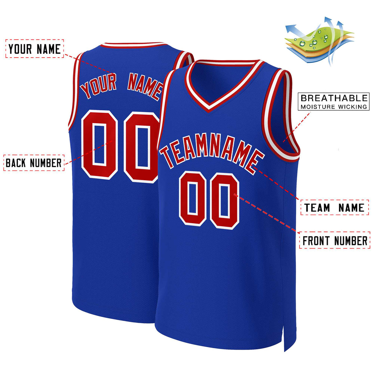 Benutzerdefinierte Royal Rot-Weiß Classic Tops Basketballtrikot