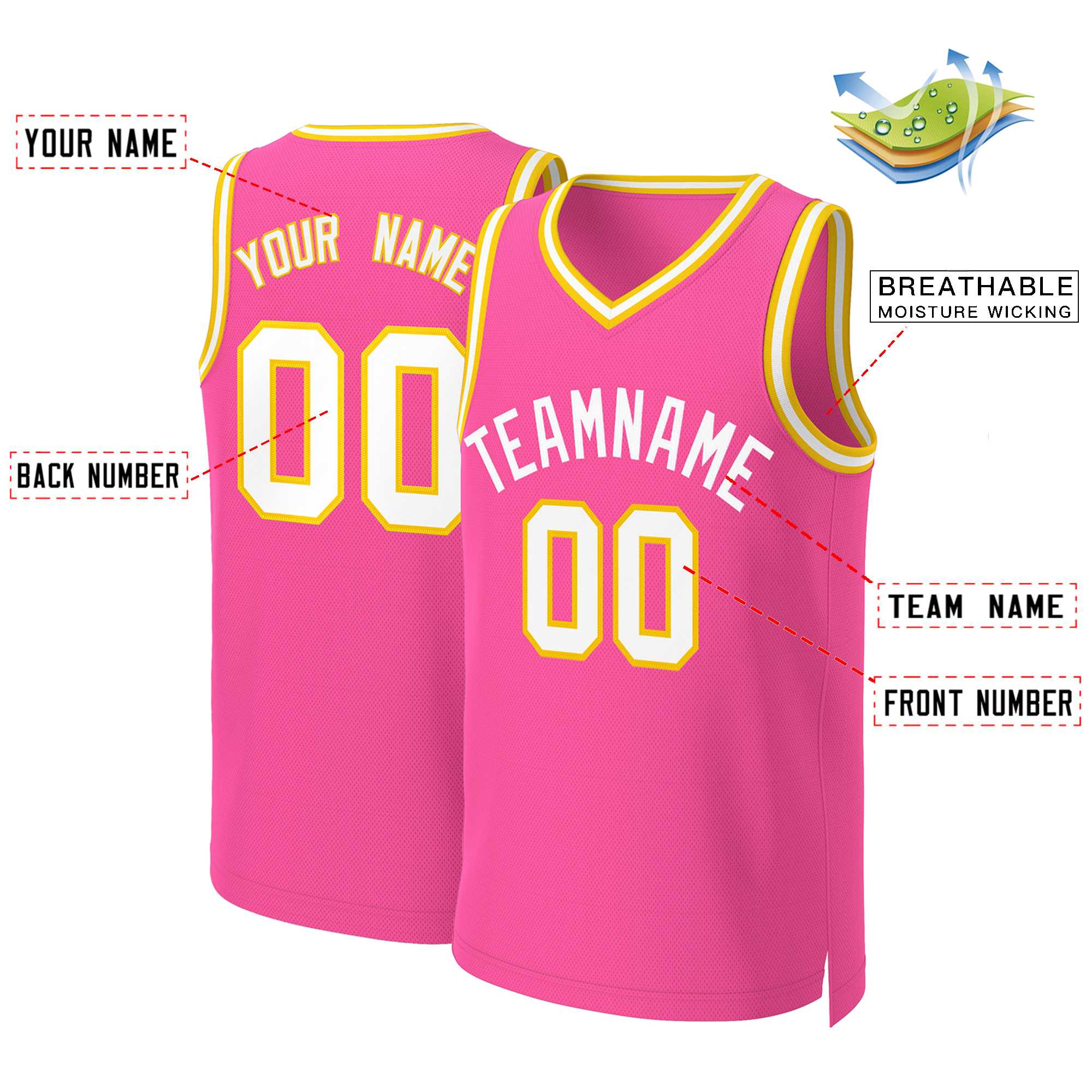 Benutzerdefinierte rosa weiß klassische Tops Basketball Jersey