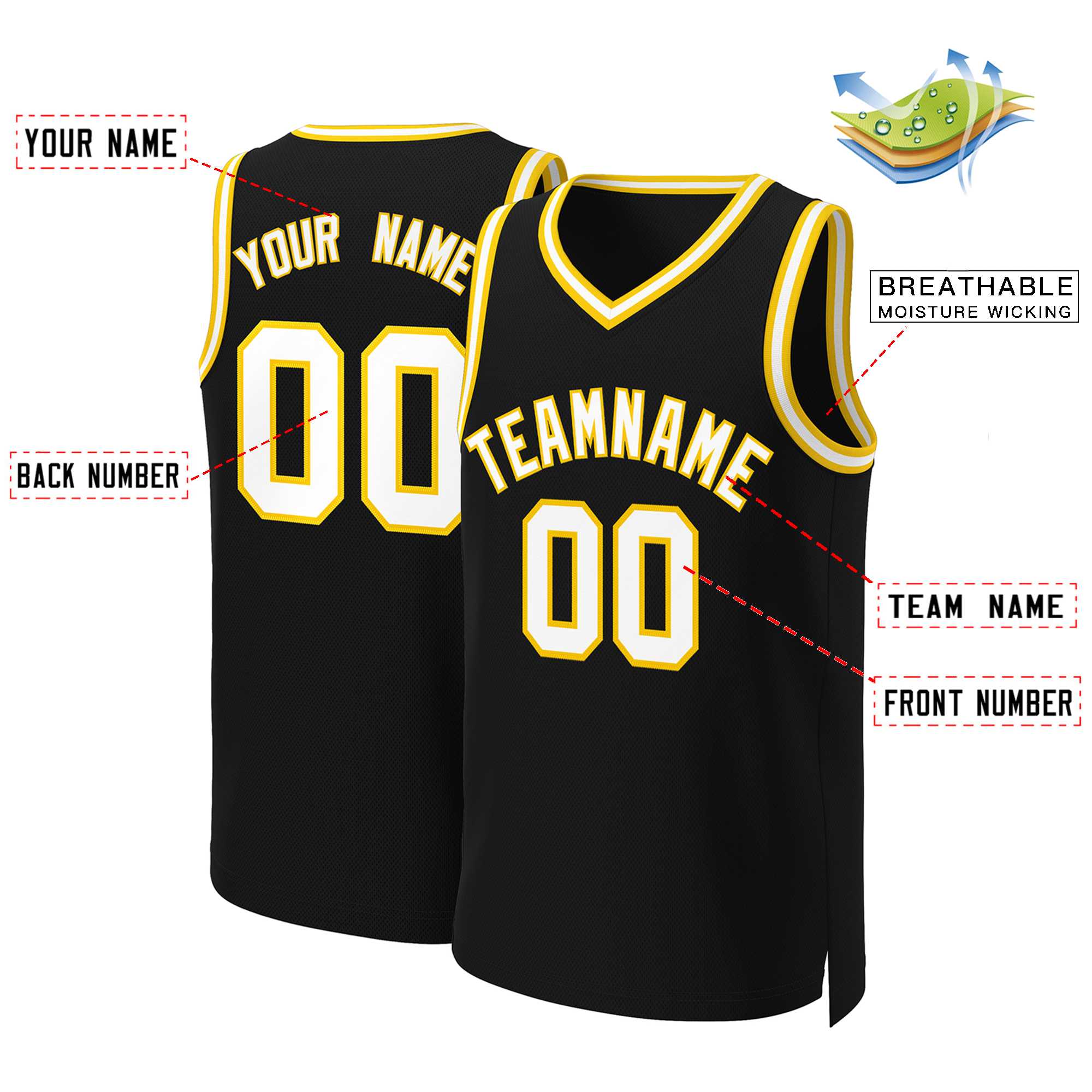Maillot de basket-ball classique personnalisé noir, blanc et jaune