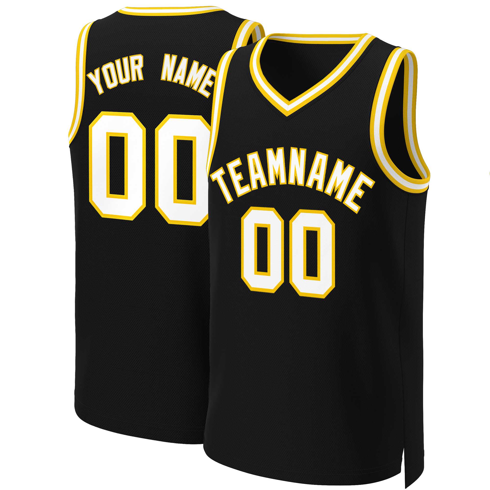 Maillot de basket-ball classique personnalisé noir, blanc et jaune