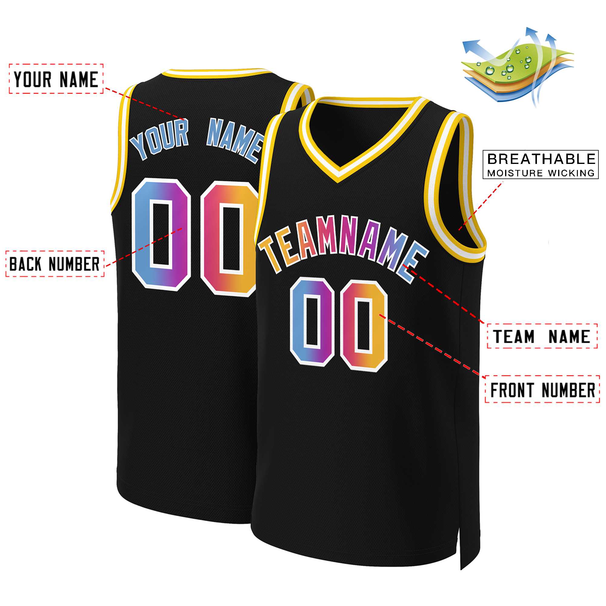 Maillot de basket-ball personnalisé noir, jaune et blanc, dégradé classique, à la mode
