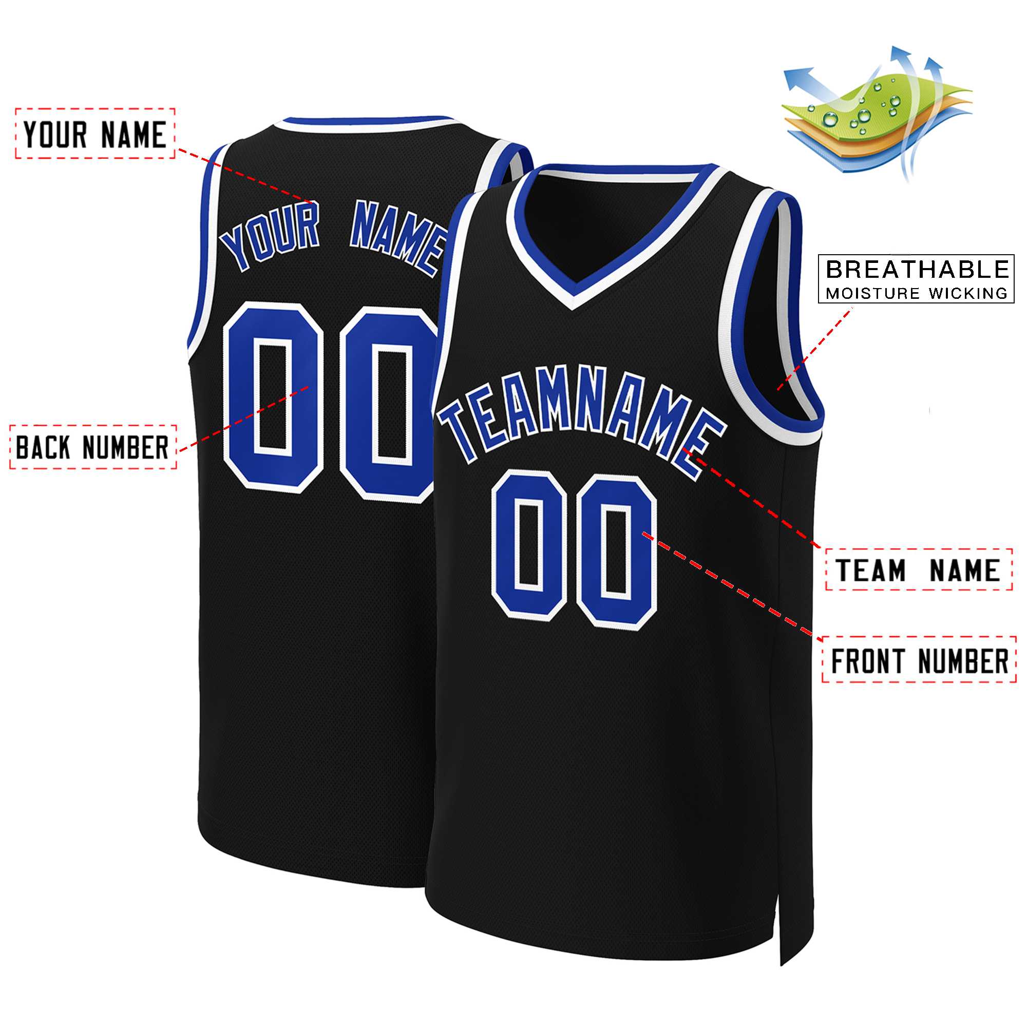 Maillot de basket-ball classique personnalisé noir royal-blanc