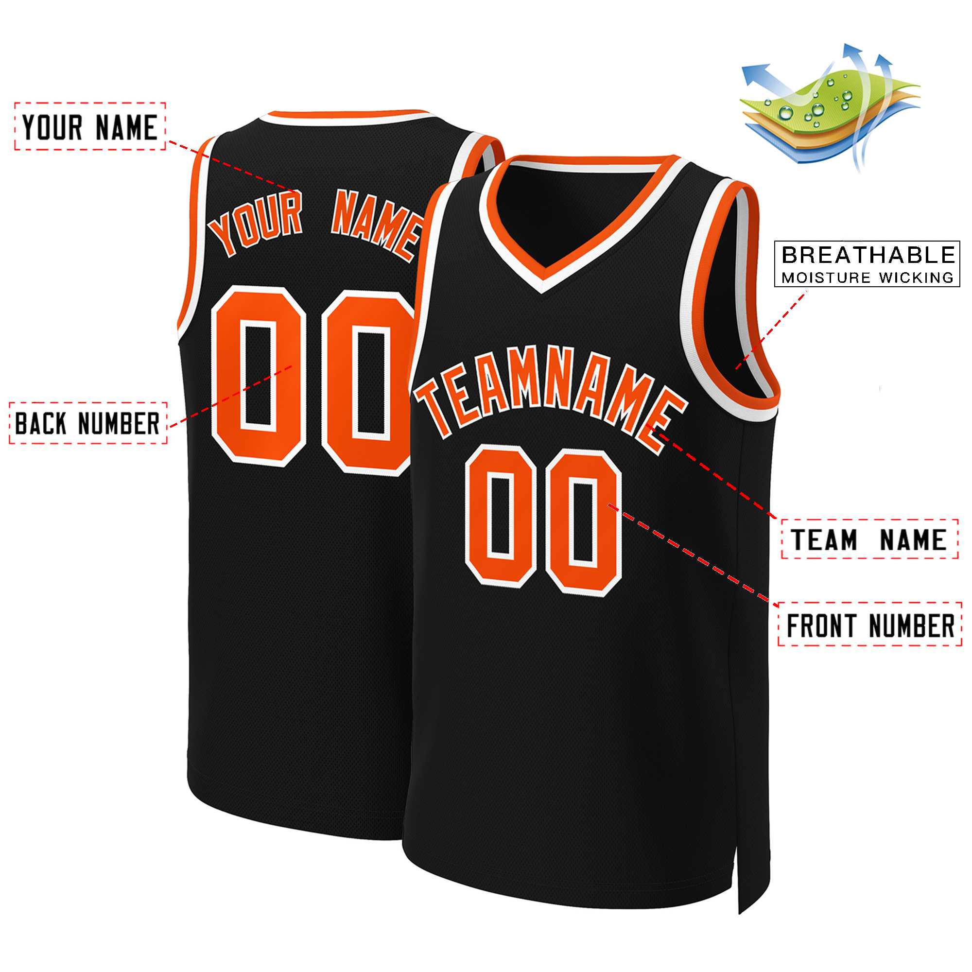 Benutzerdefinierte schwarz orange-weiß Classic Tops Basketball Jersey