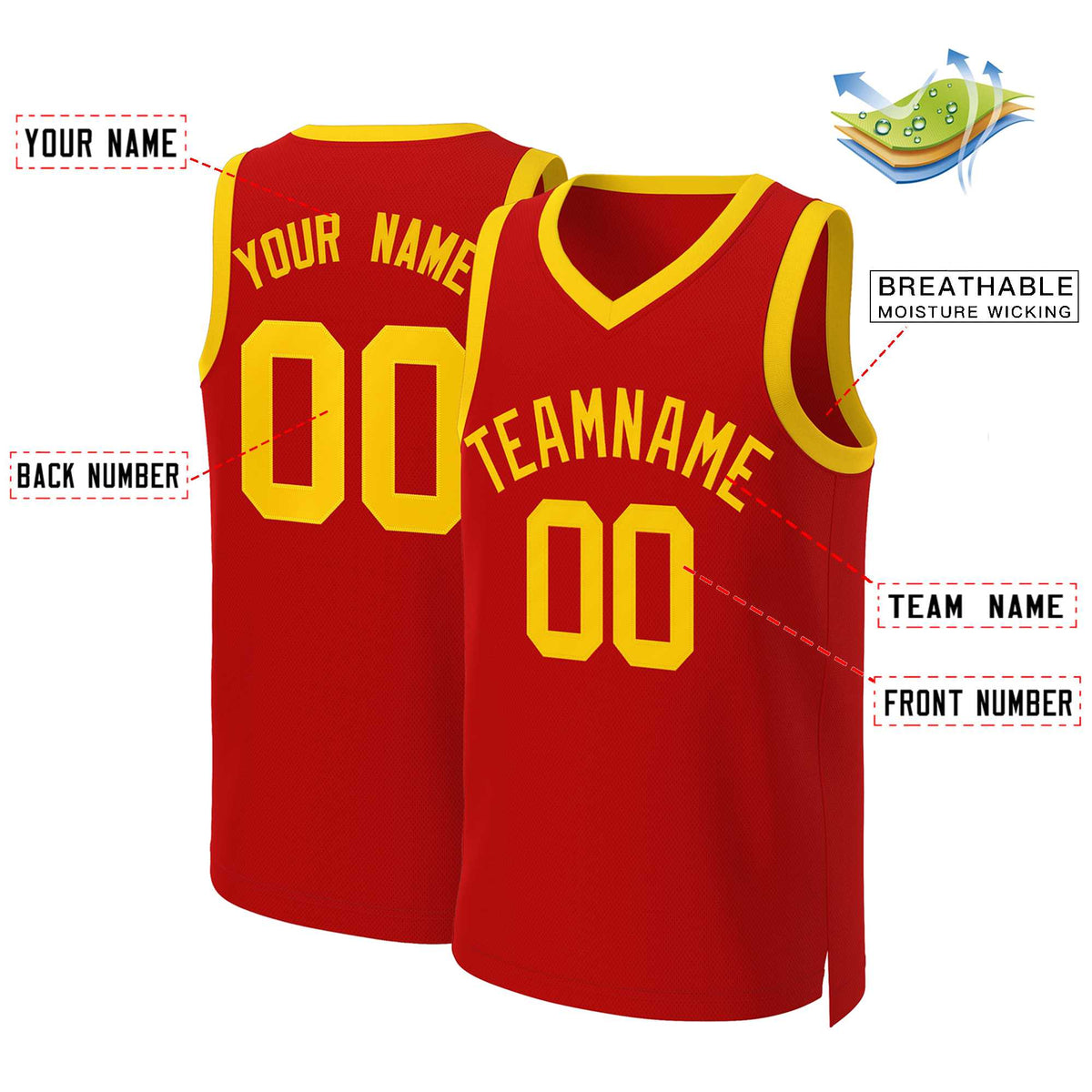 Maillot de basket-ball classique rouge et jaune personnalisé