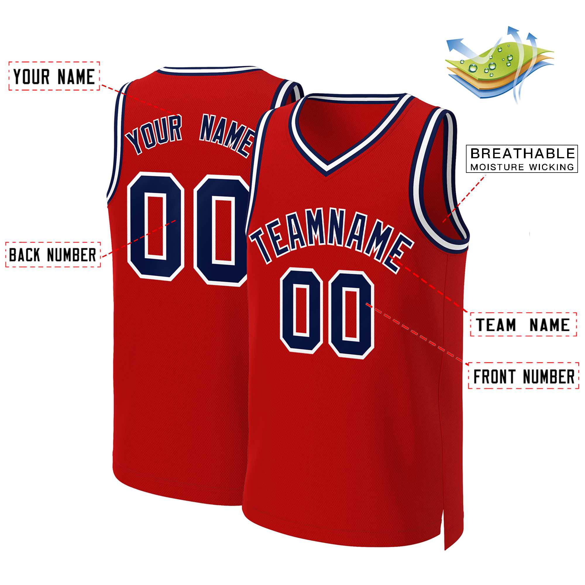 Maillot de basket-ball classique personnalisé rouge bleu marine et blanc
