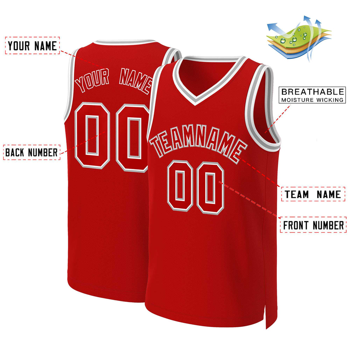 Maillot de basket-ball classique rouge et blanc personnalisé