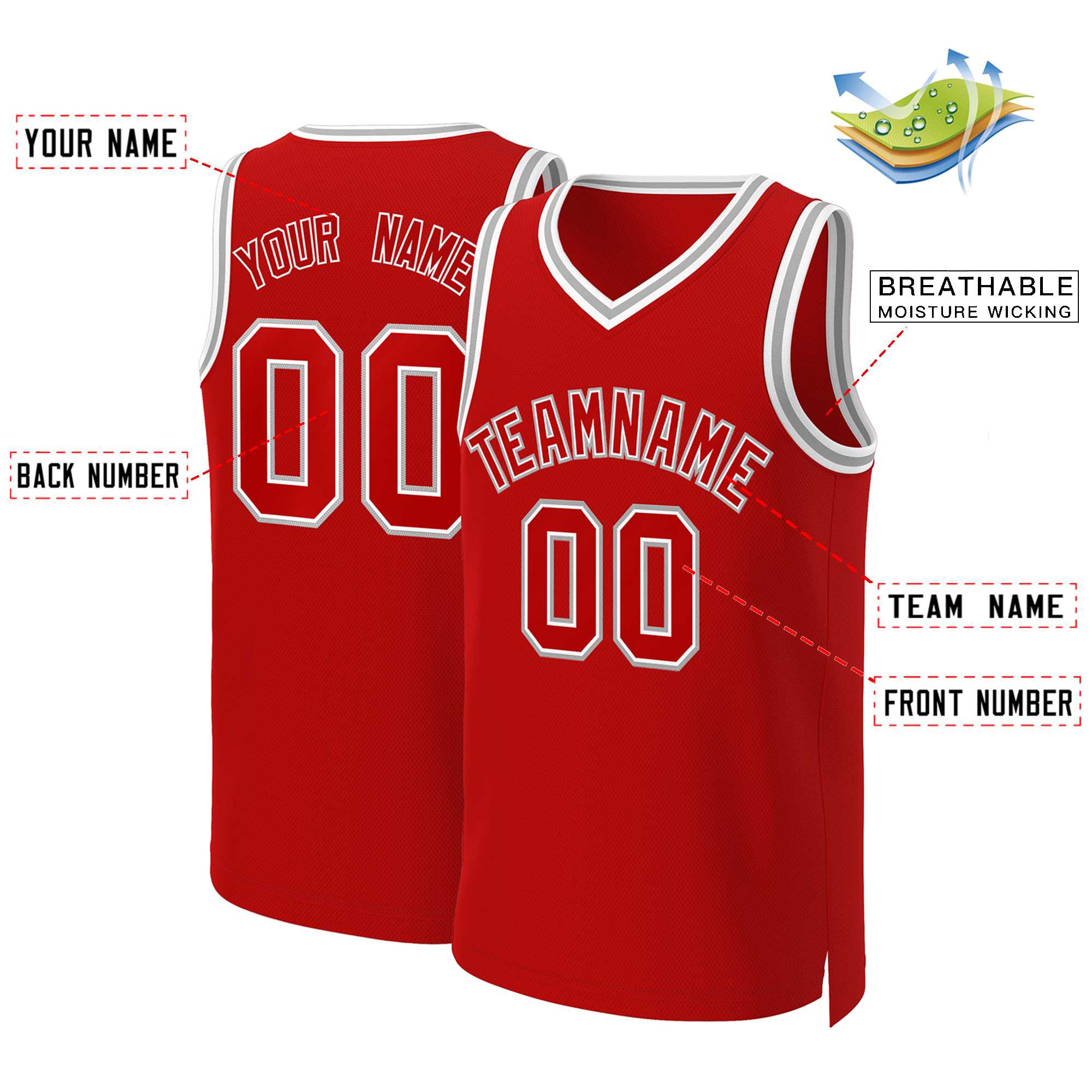 Maillot de basket-ball classique rouge et blanc personnalisé