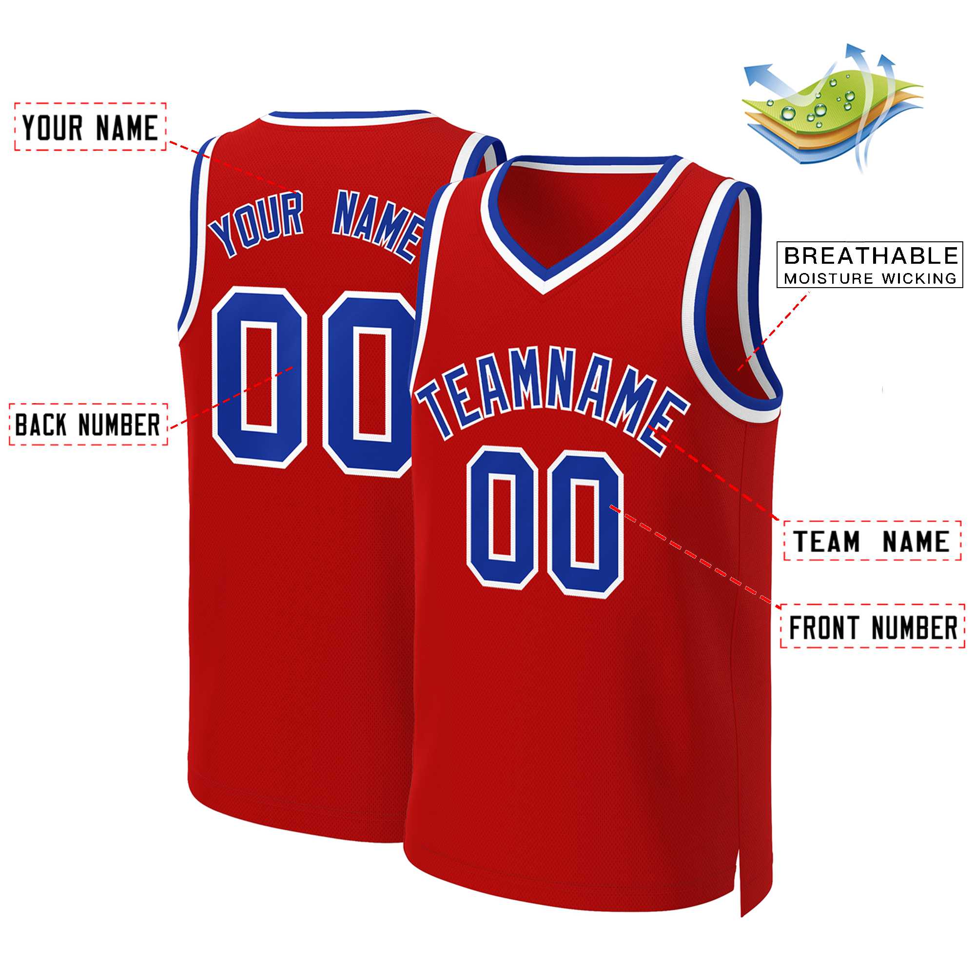 Maillot de basket-ball classique personnalisé rouge royal-blanc