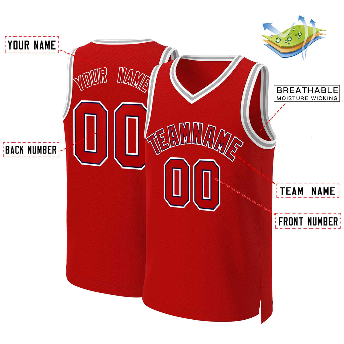 Maillot de basket-ball classique rouge et bleu marine personnalisé