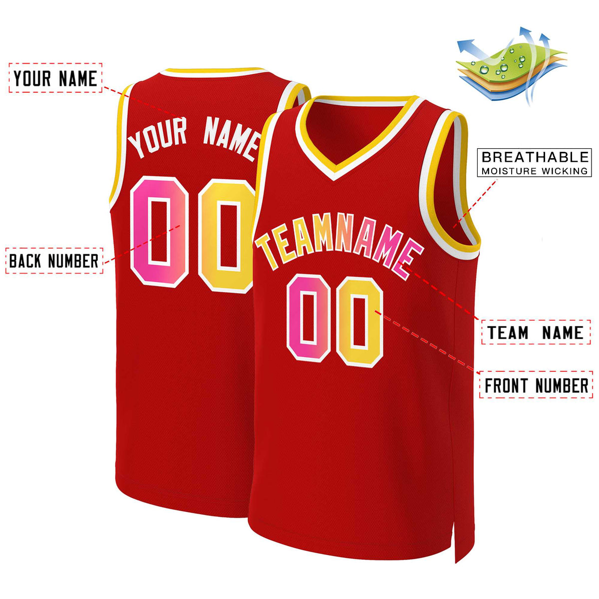 Maillot de basket-ball personnalisé rouge, jaune et blanc, classique et tendance, dégradé