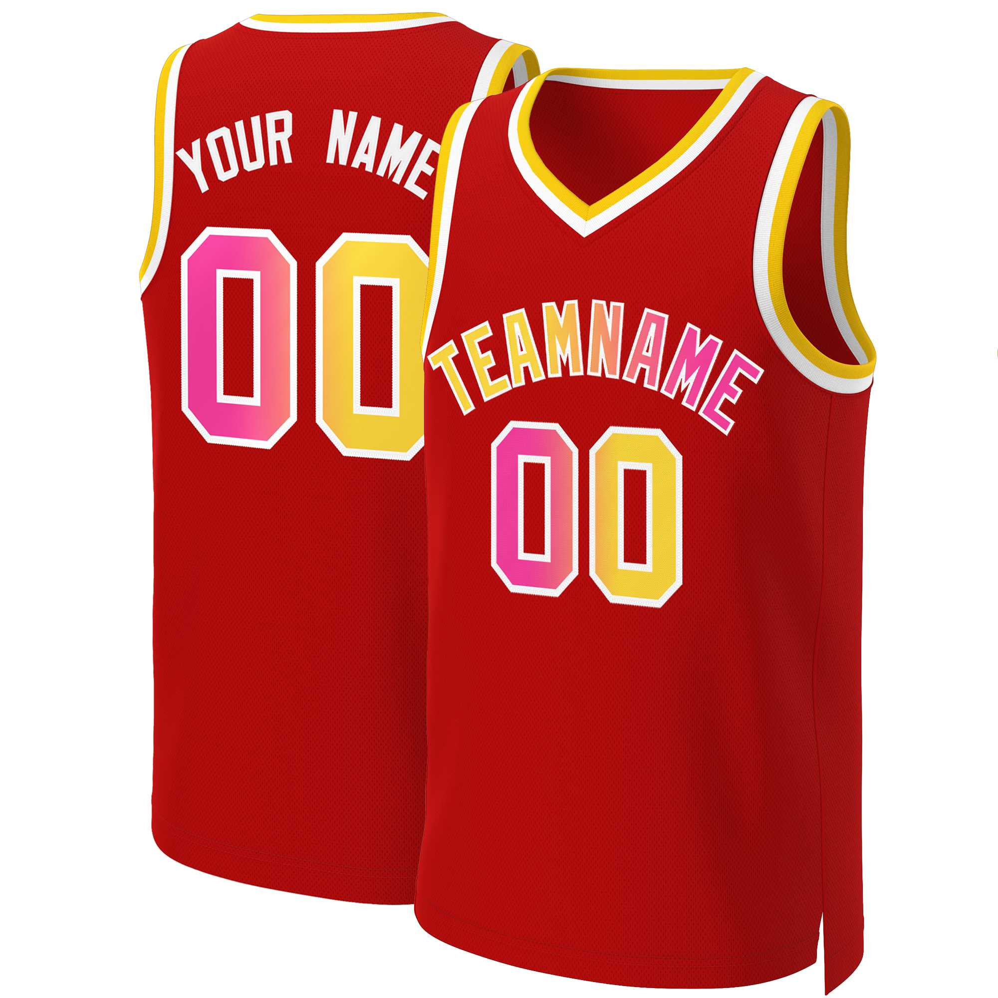Maillot de basket-ball personnalisé rouge, jaune et blanc, classique et tendance, dégradé