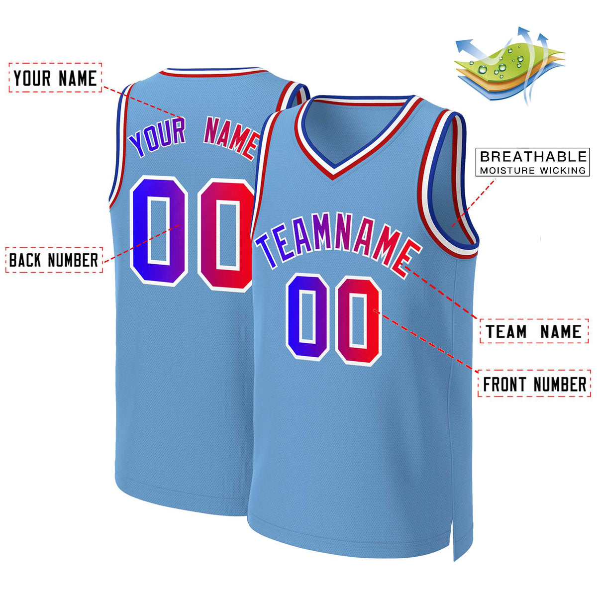 Benutzerdefinierte Hellblau Blau-Weiß Klassische Gradienten Mode Tops Basketball Jersey