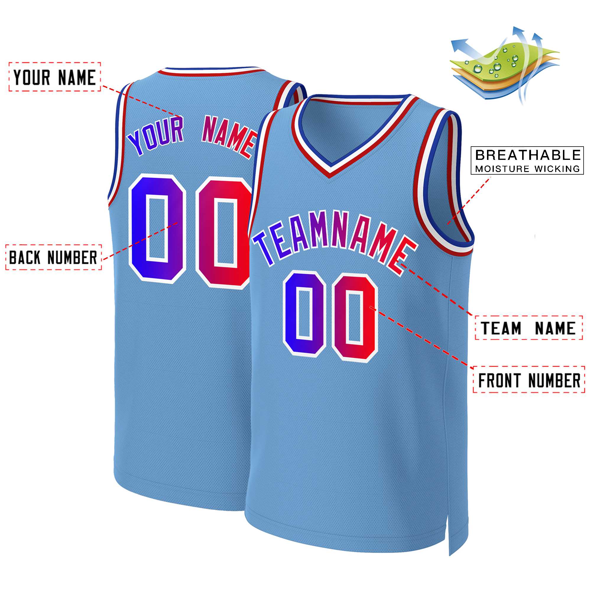 Maillot de basket-ball personnalisé bleu clair bleu-blanc classique dégradé à la mode