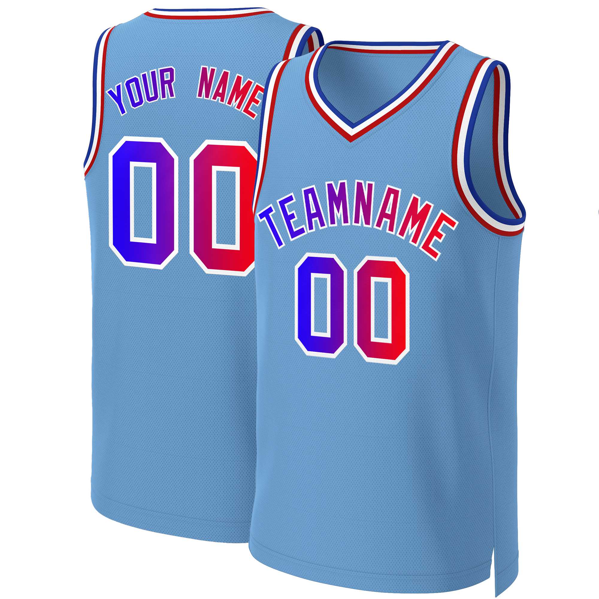 Maillot de basket-ball personnalisé bleu clair bleu-blanc classique dégradé à la mode