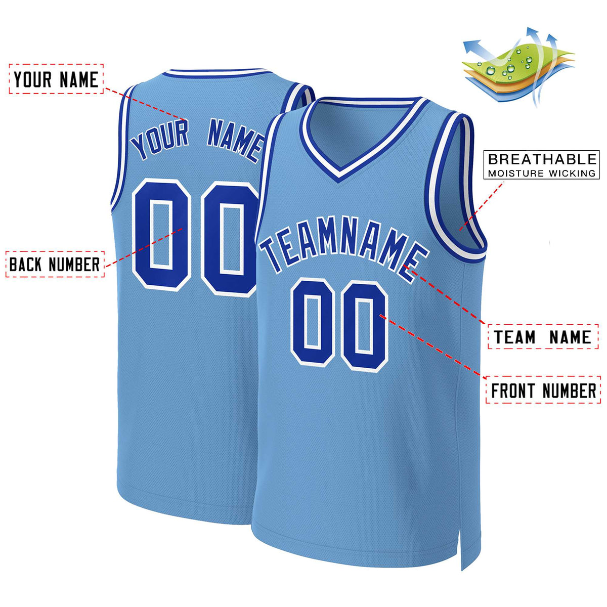 Maillot de basket-ball classique bleu clair, royal et blanc, personnalisé