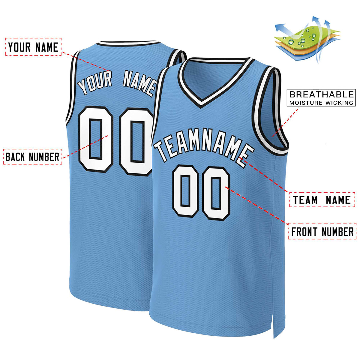 Benutzerdefinierte Hellblau Weiß-Schwarz Klassische Tops Basketball Jersey