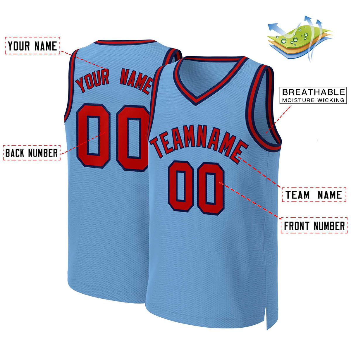 Benutzerdefinierte Hellblau Rot-Marineblau Classic Tops Basketball Jersey