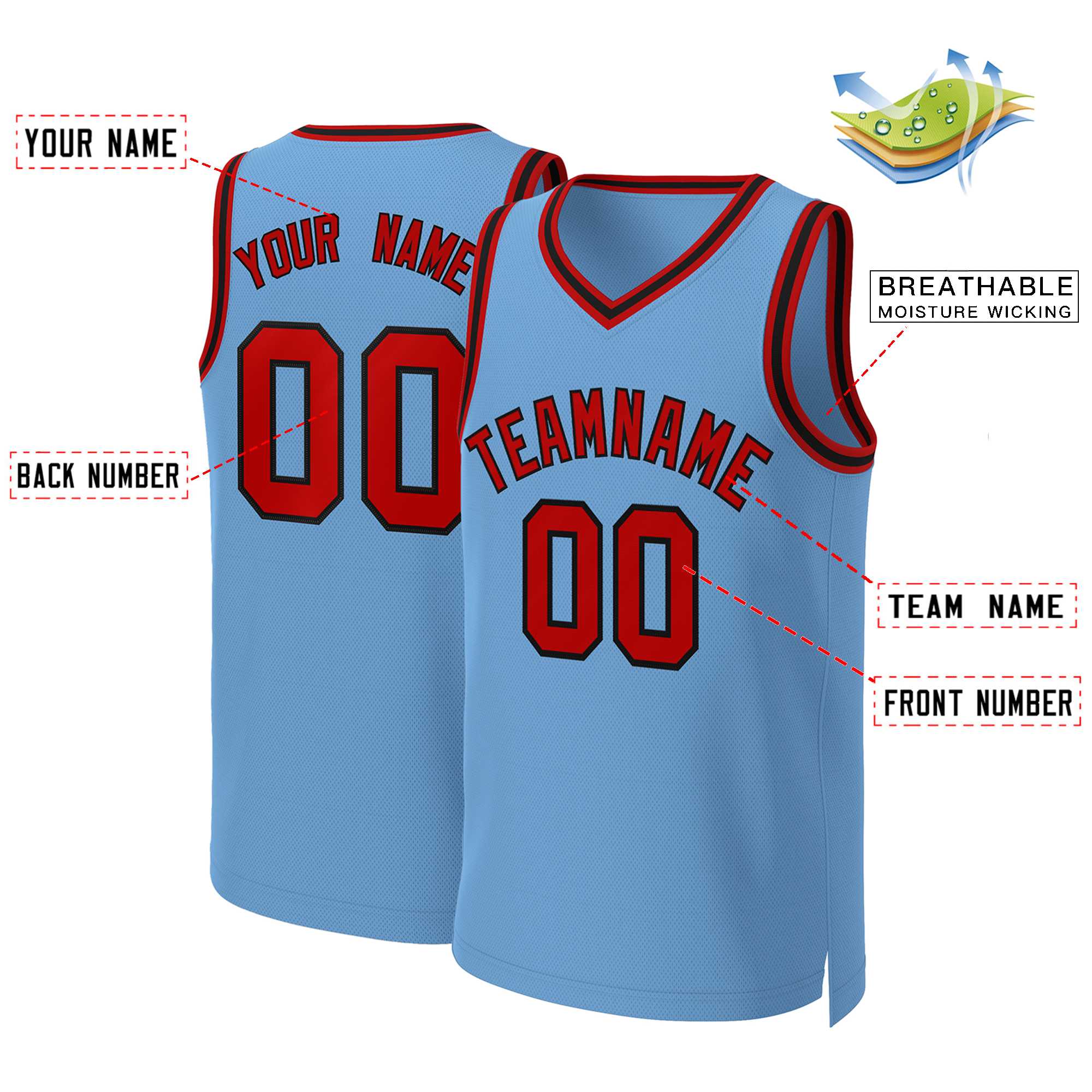 Benutzerdefinierte Hellblau Rot-Schwarz Klassische Tops Basketball Jersey