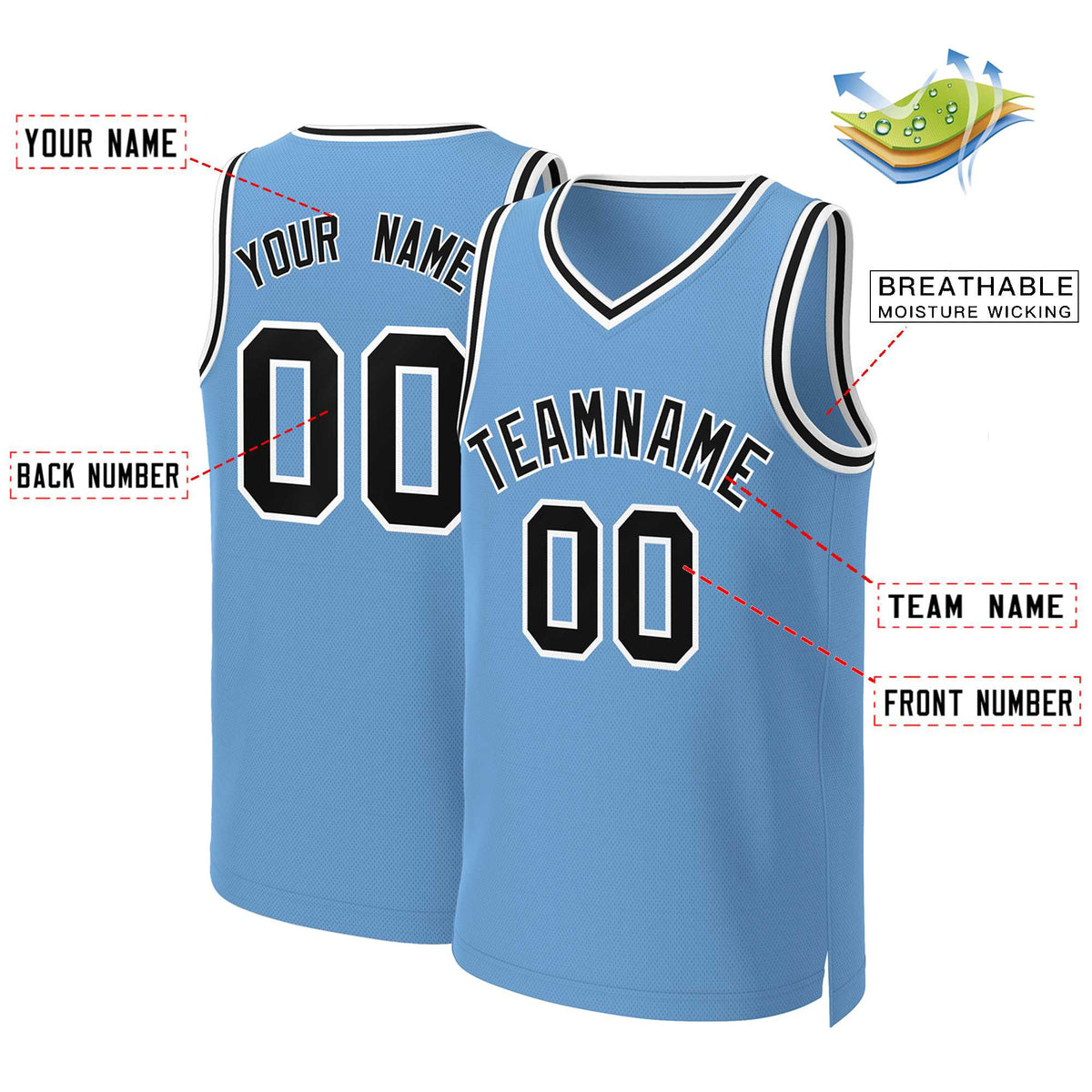 Benutzerdefinierte Hellblau Schwarz-Weiß Klassische Tops Basketball Jersey