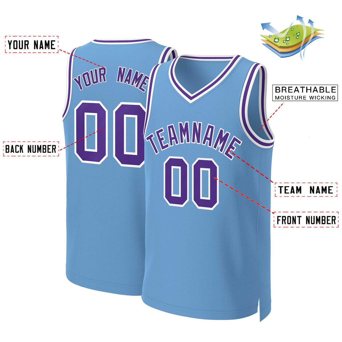 Benutzerdefinierte Hellblau Lila-Weiß Klassische Tops Basketball Jersey