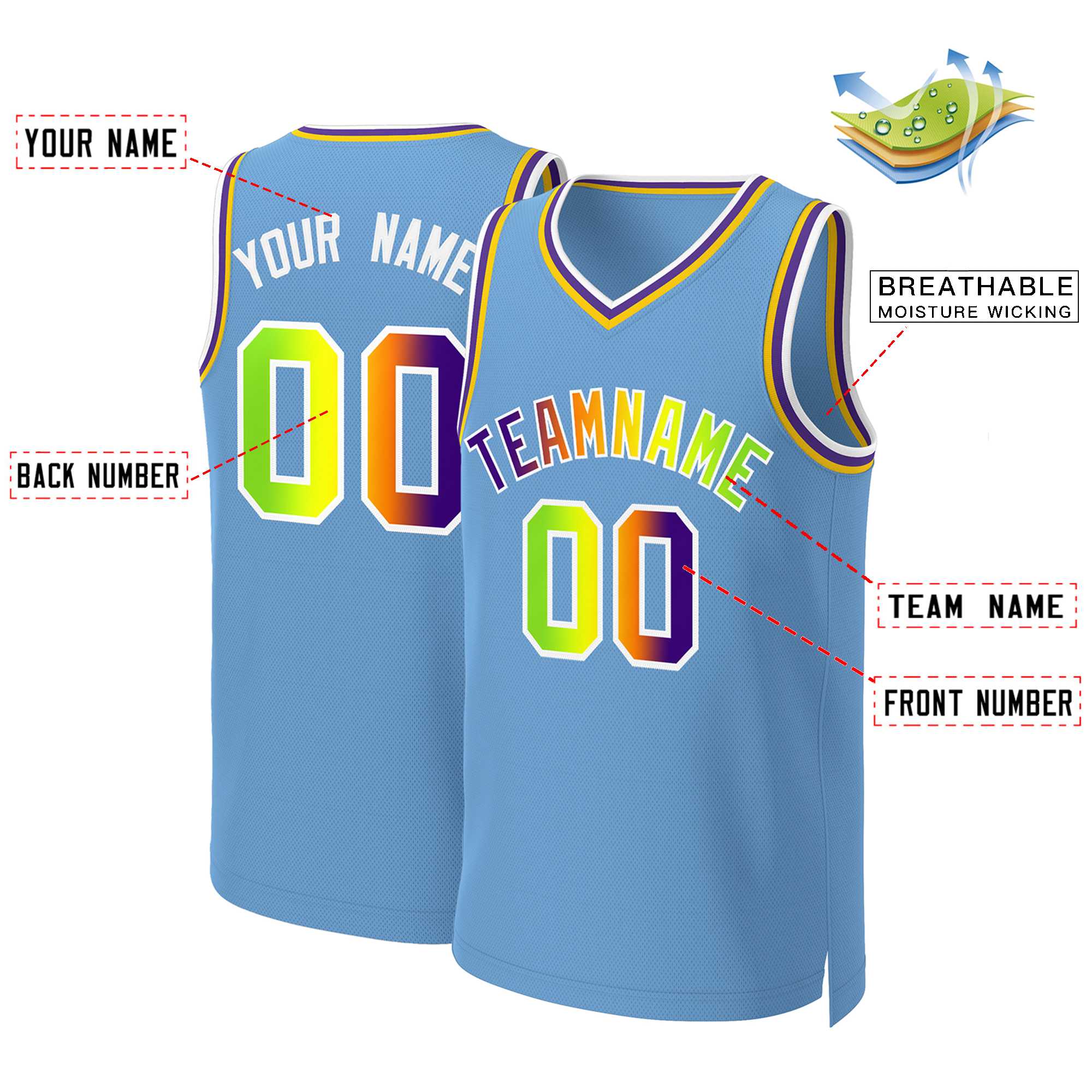Maillot de basket-ball personnalisé bleu clair violet-blanc classique dégradé mode Tops