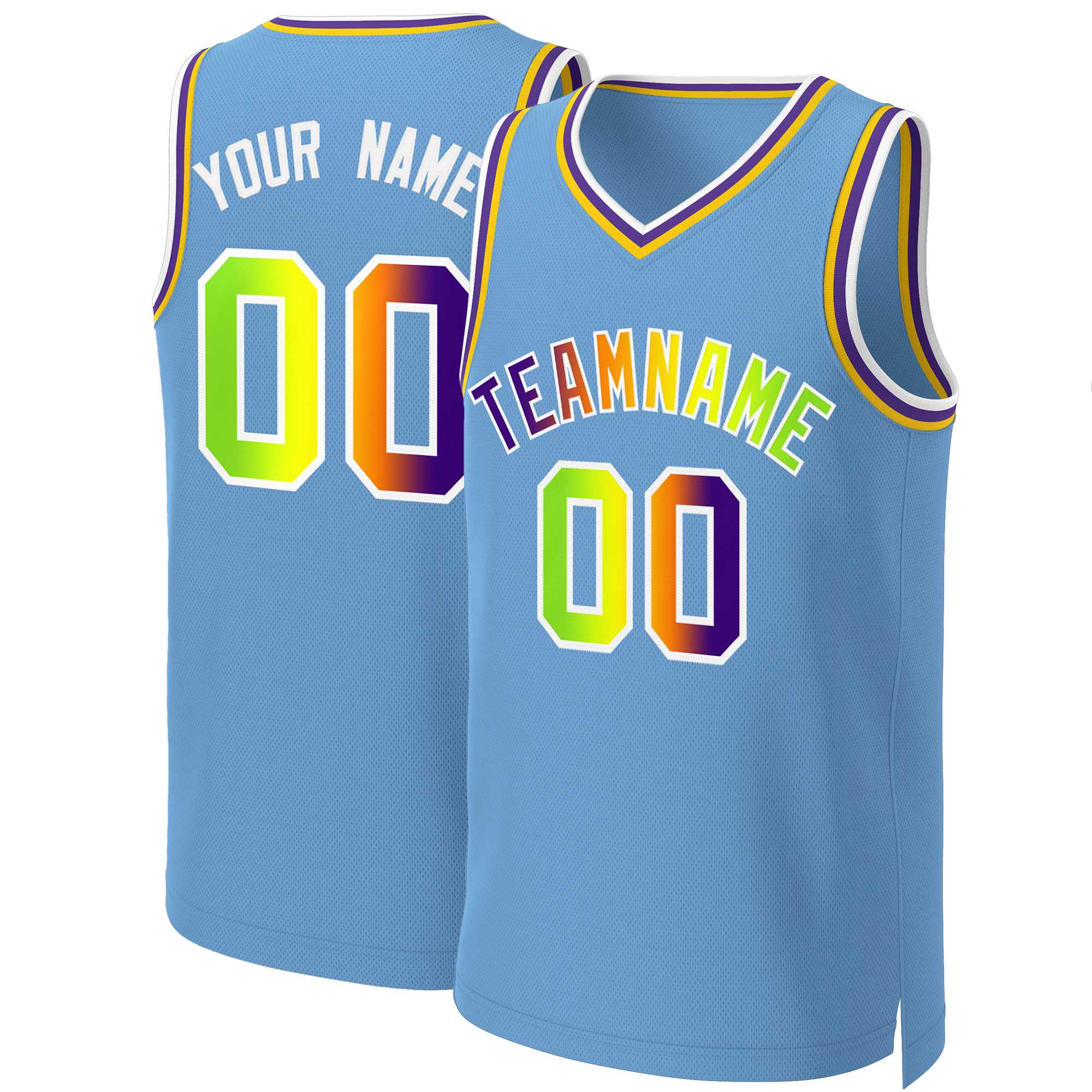 Maillot de basket-ball personnalisé bleu clair violet-blanc classique dégradé mode Tops