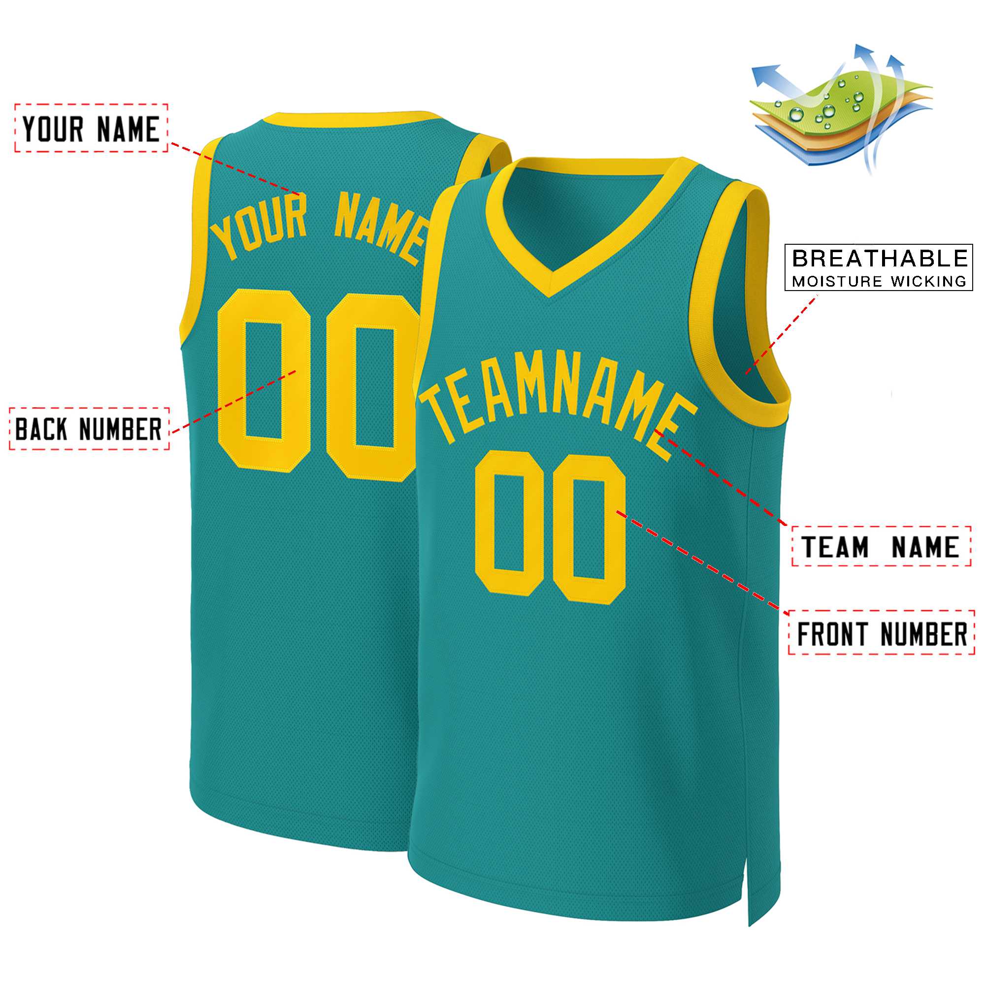 Benutzerdefinierte Teal Gelb Classic Tops Basketball Jersey