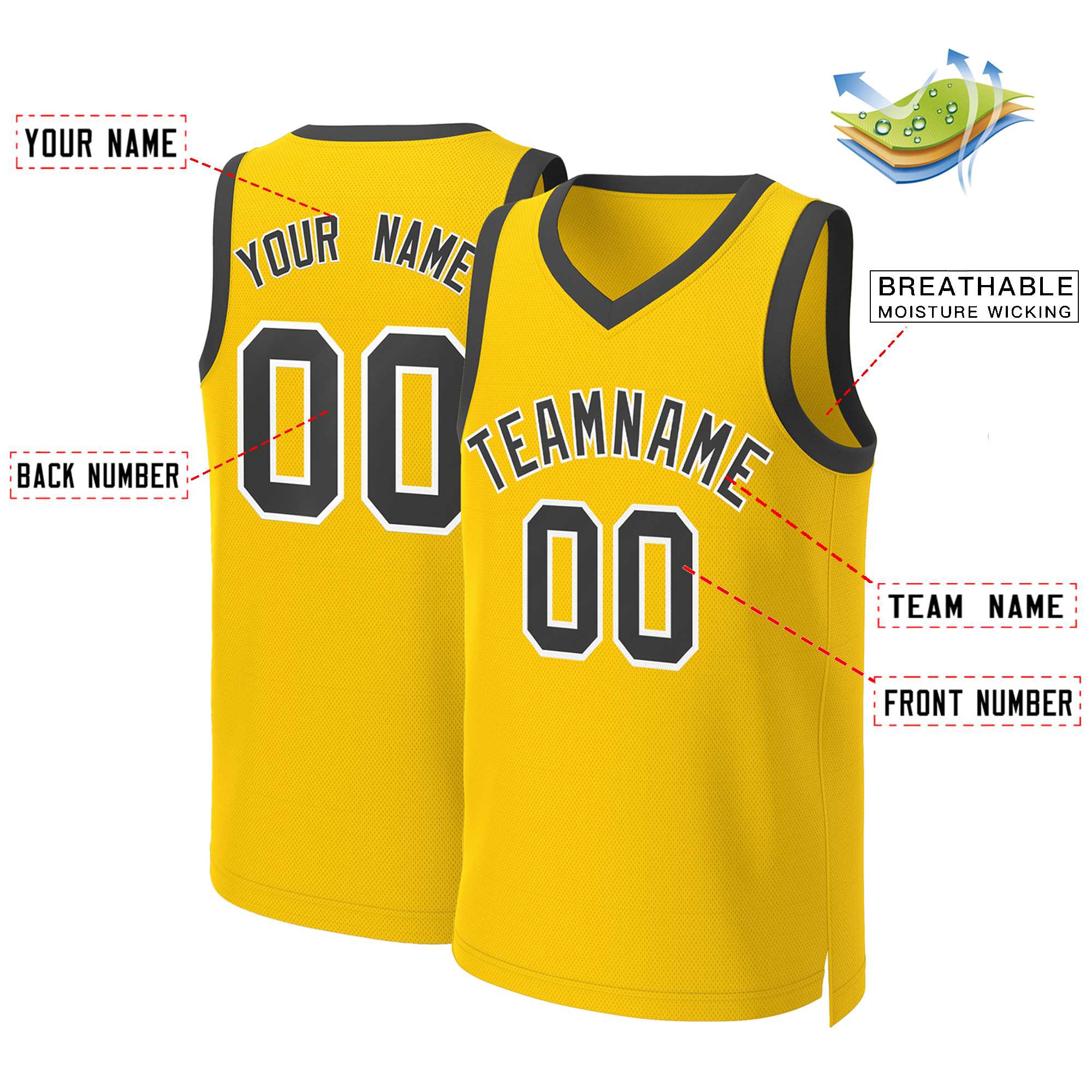 Maillot de basket-ball classique personnalisé jaune noir et blanc
