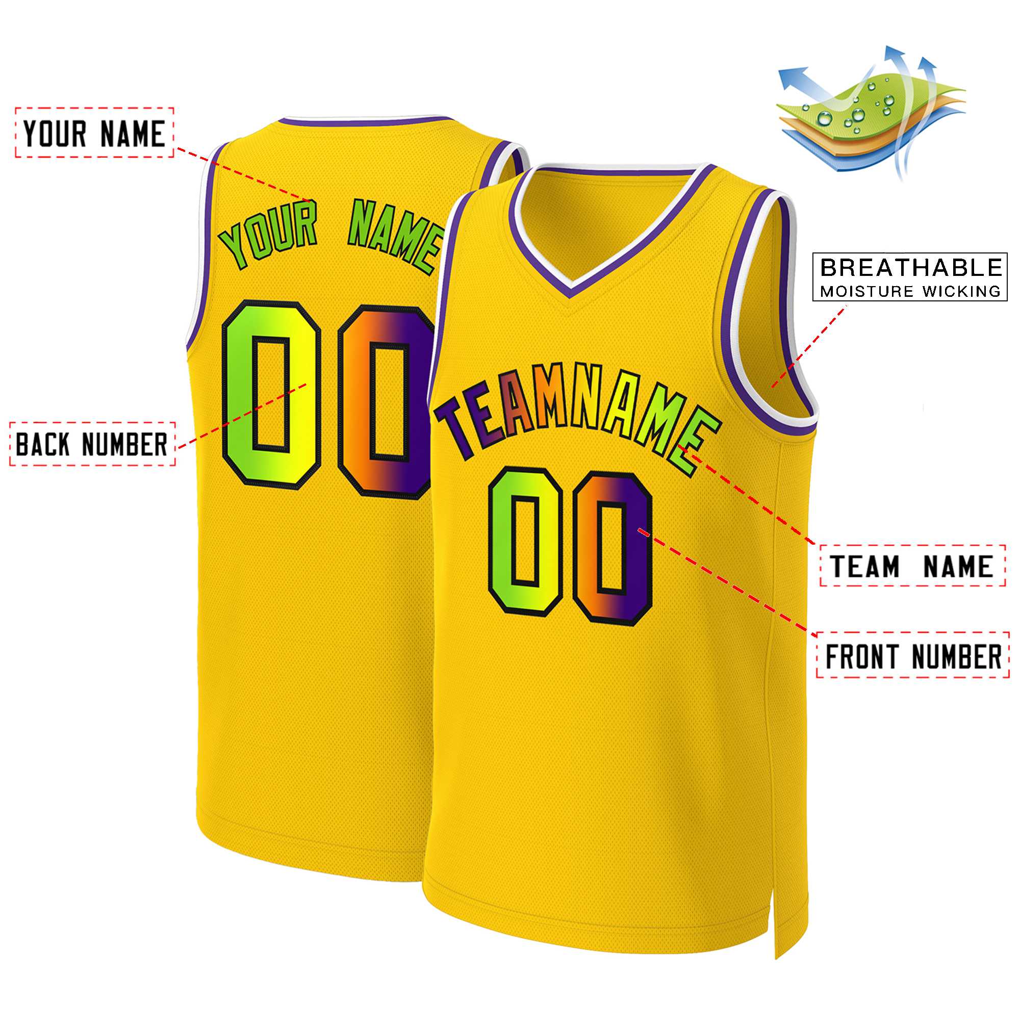 Maillot de basket-ball personnalisé jaune violet-noir classique dégradé de mode
