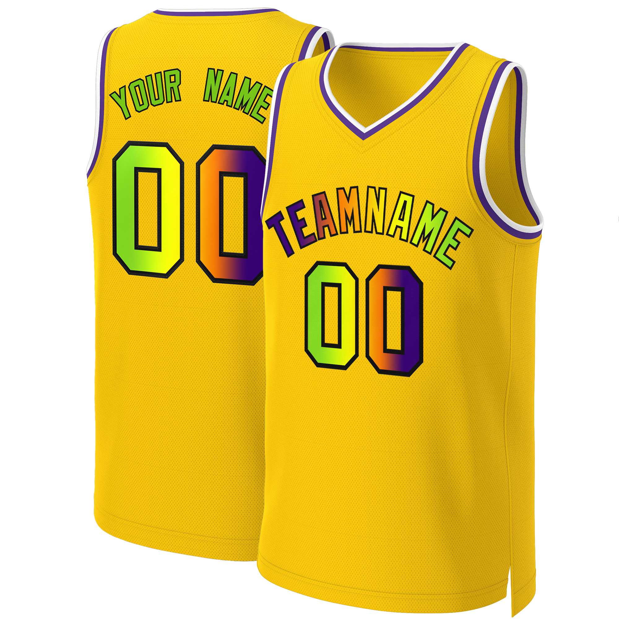 Maillot de basket-ball personnalisé jaune violet-noir classique dégradé de mode