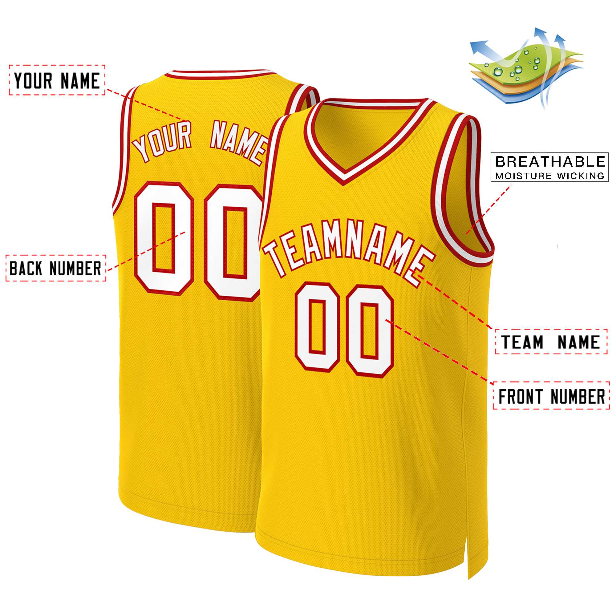 Maillot de basket-ball classique personnalisé jaune, blanc et rouge