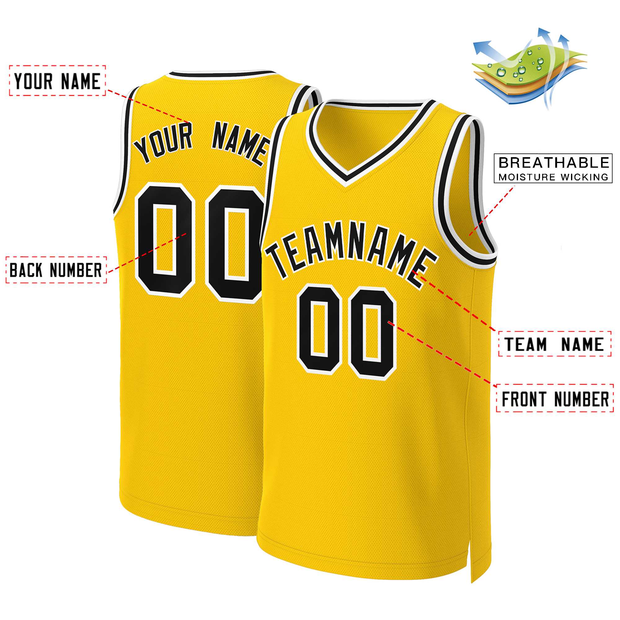 Maillot de basket-ball classique personnalisé jaune noir et blanc