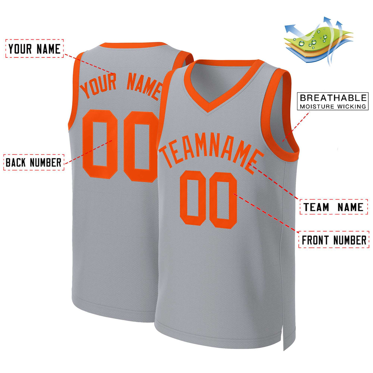 Maillot de basket-ball classique gris orange personnalisé