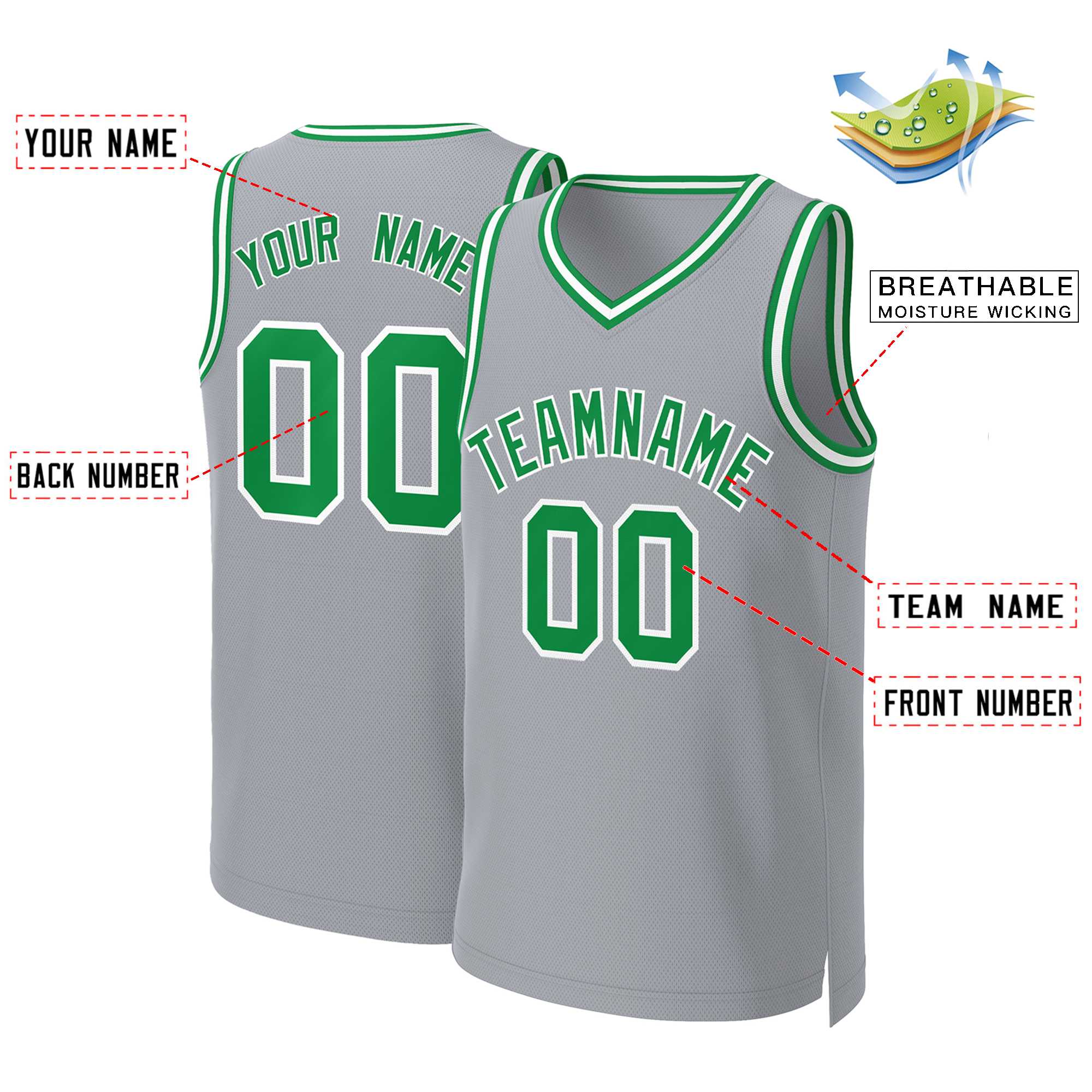Benutzerdefinierte grau Kelly grün-weiß Classic Tops Basketball Jersey