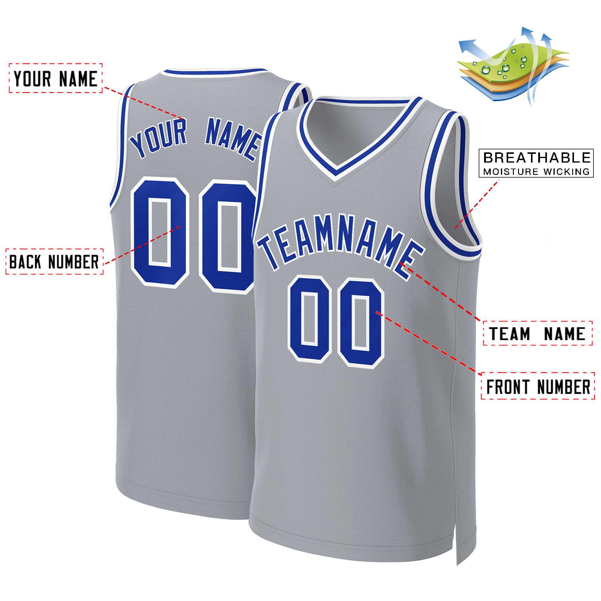Maillot de basket-ball classique gris royal et blanc personnalisé