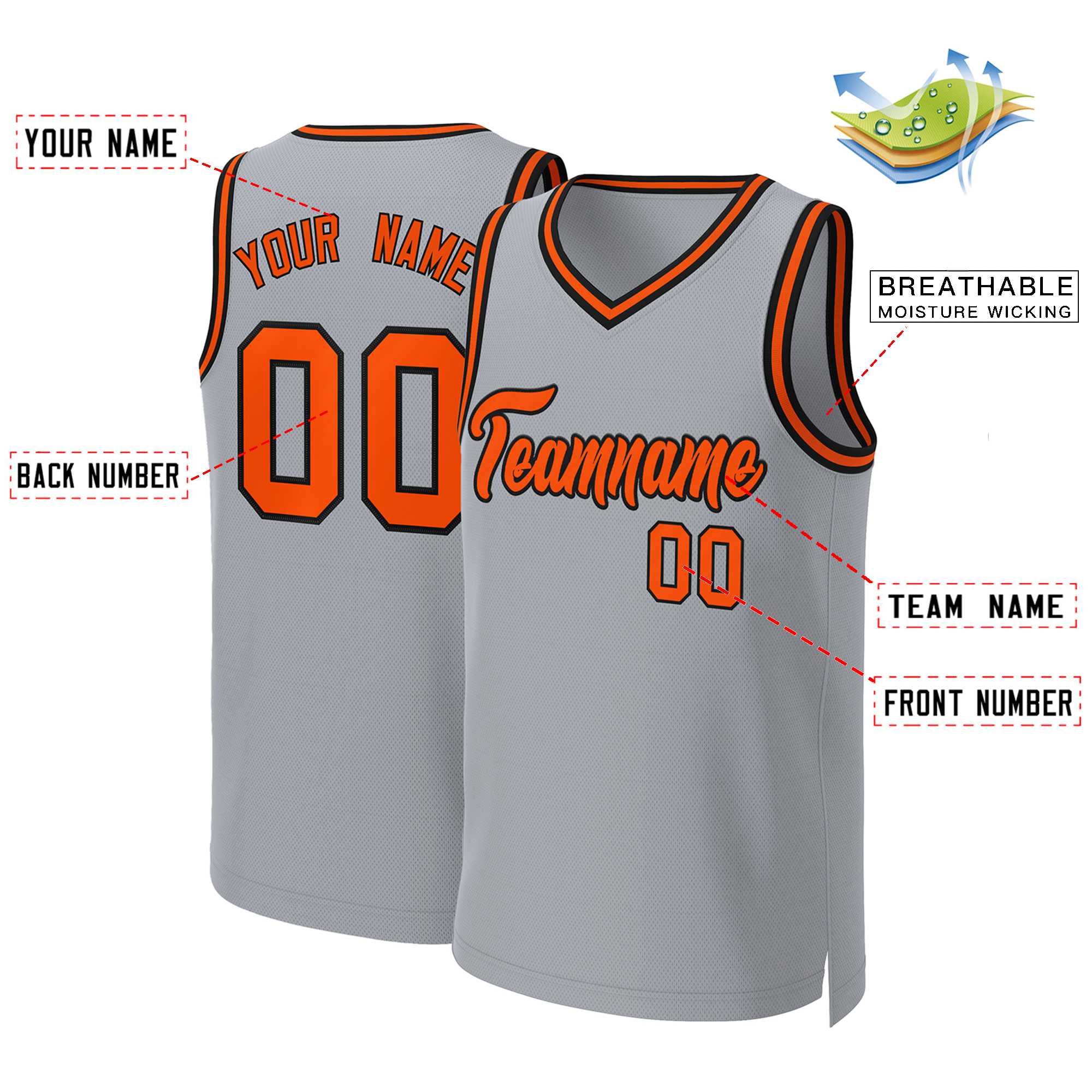 Benutzerdefinierte grau orange-schwarz Classic Tops Basketball Jersey