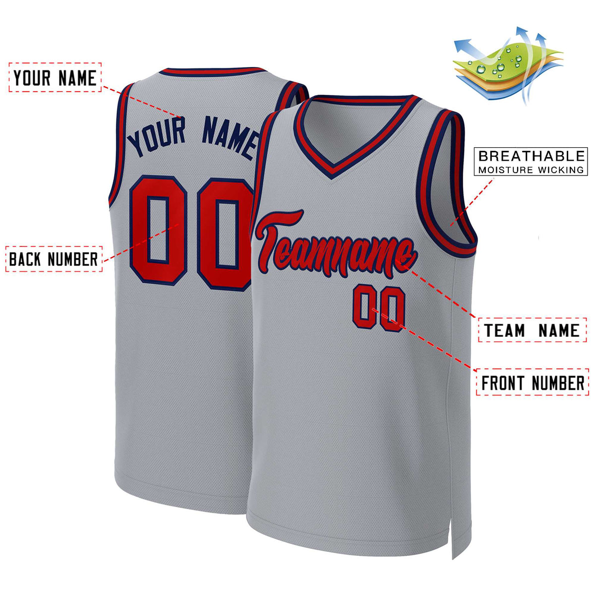Maillot de basket-ball classique gris rouge-bleu marine personnalisé