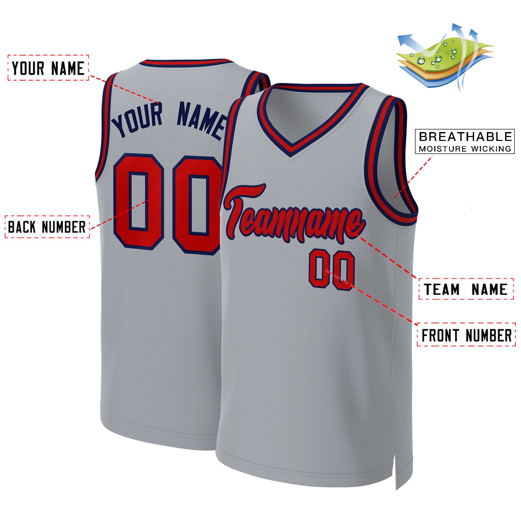Benutzerdefinierte grau rot-marineblau Classic Tops Basketball Jersey