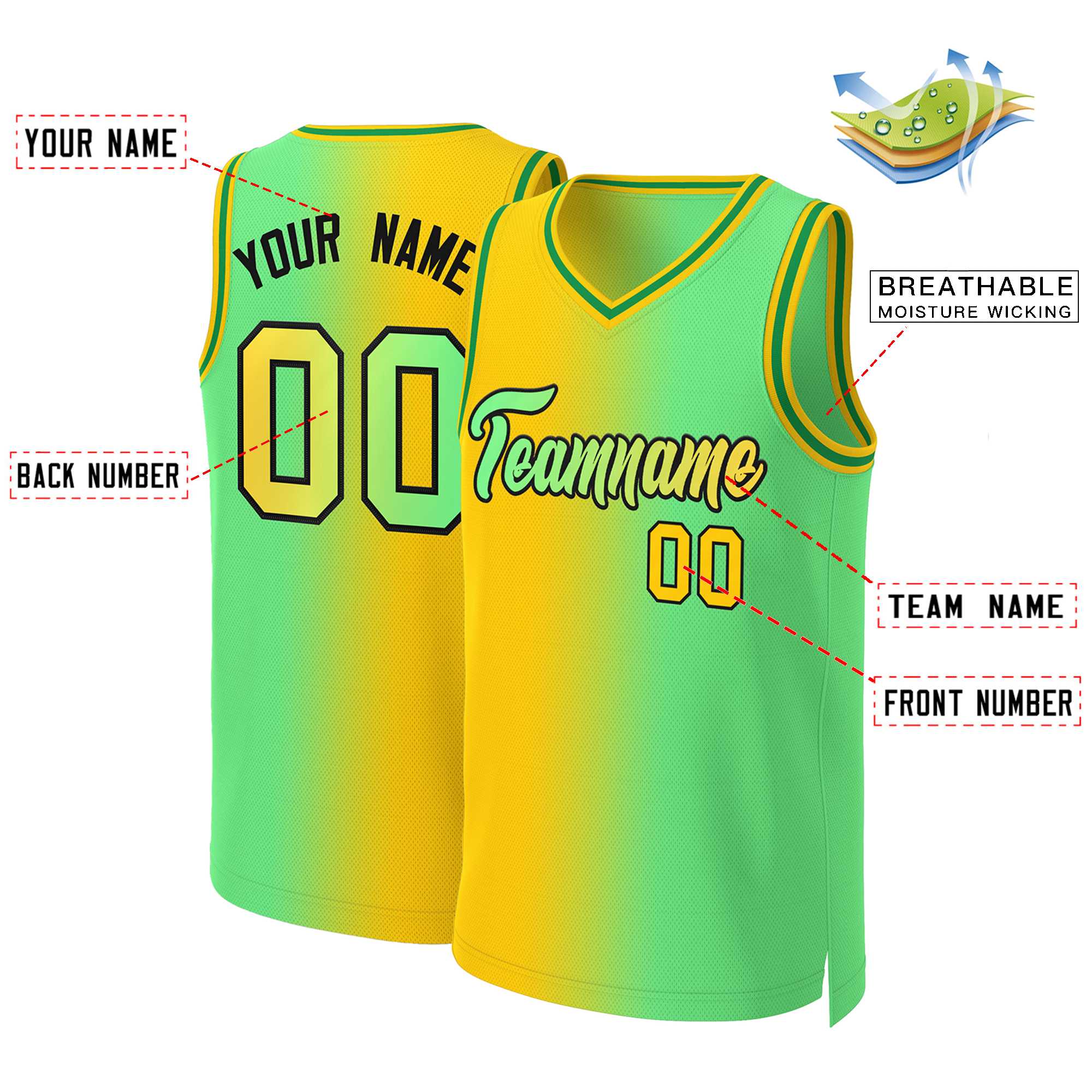 Maillot de basket-ball personnalisé jaune fluo vert-noir dégradé