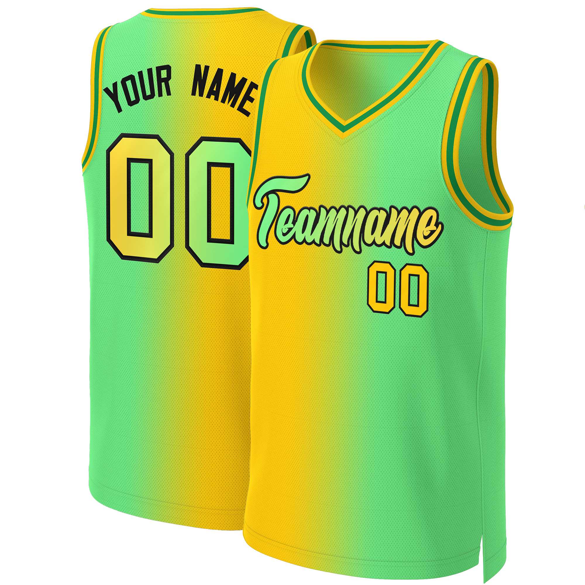 Maillot de basket-ball personnalisé jaune fluo vert-noir dégradé