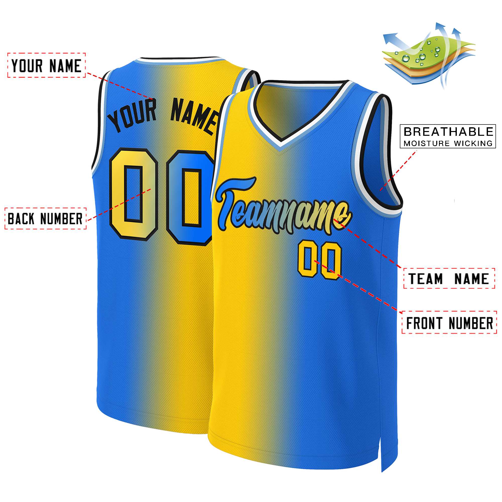 Maillot de basket-ball personnalisé dégradé jaune bleu-noir